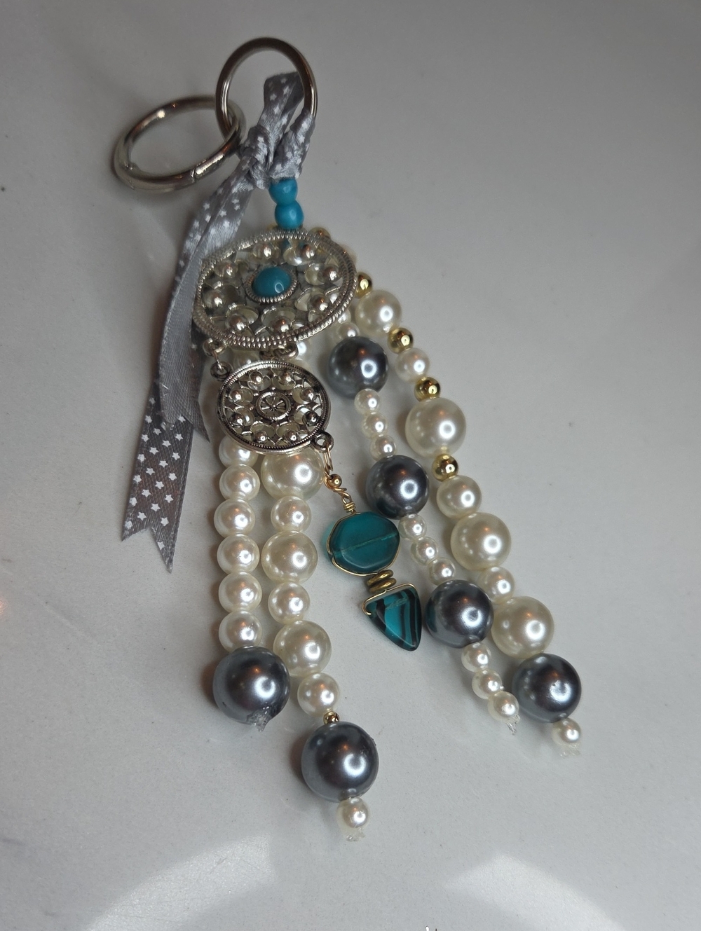 Pearl and Turquoise Beaded Bag Charm With Pendant